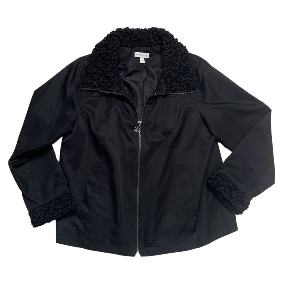 Susan Graver Lightweight Zip Front Jacket Textured Collar & Cuffs Black Sz L